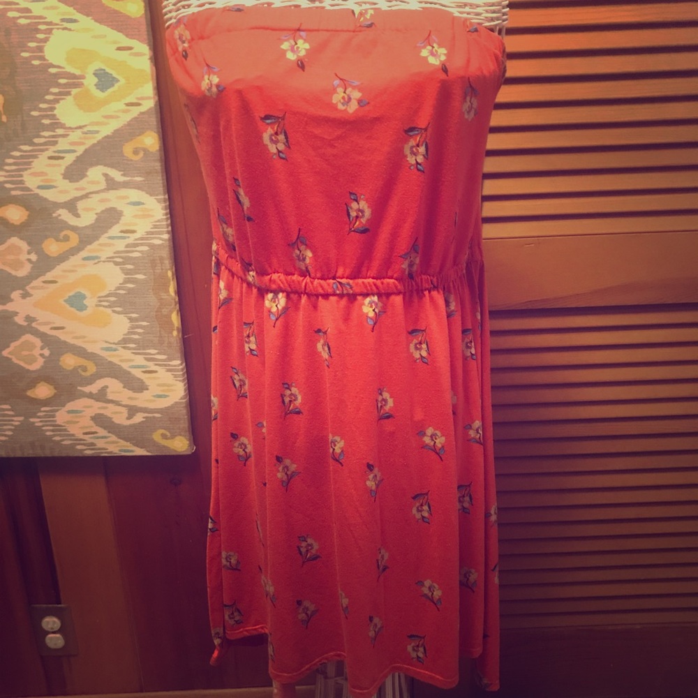 Coral, floral, cotton strapless sundress
